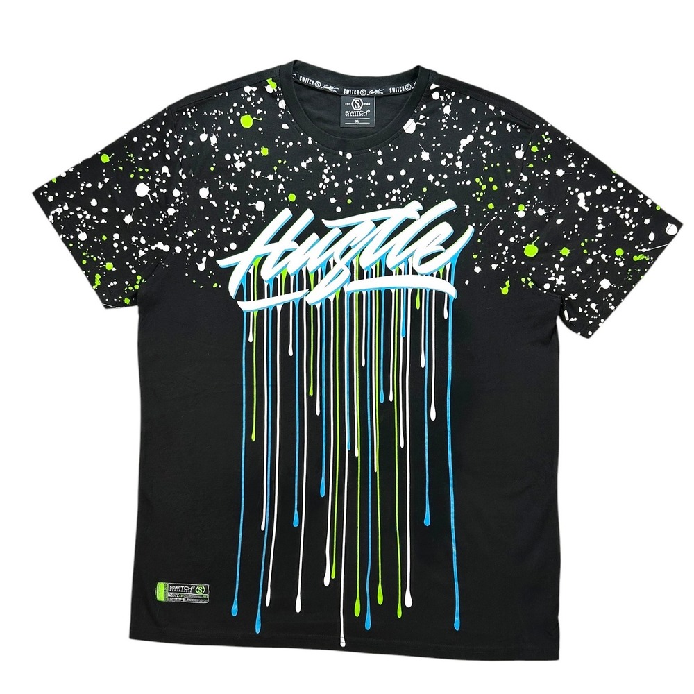 Switch Hustle Graphic T-Shirt Mens XL Black Paint Drip Splatter Streetwear Tee